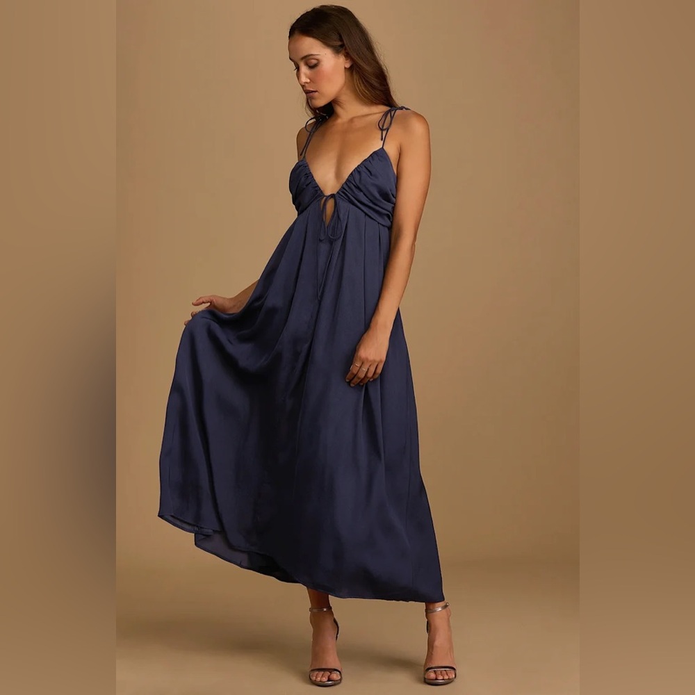 Lulus Confidence Check Navy Blue Satin Tie-Back Maxi Dress